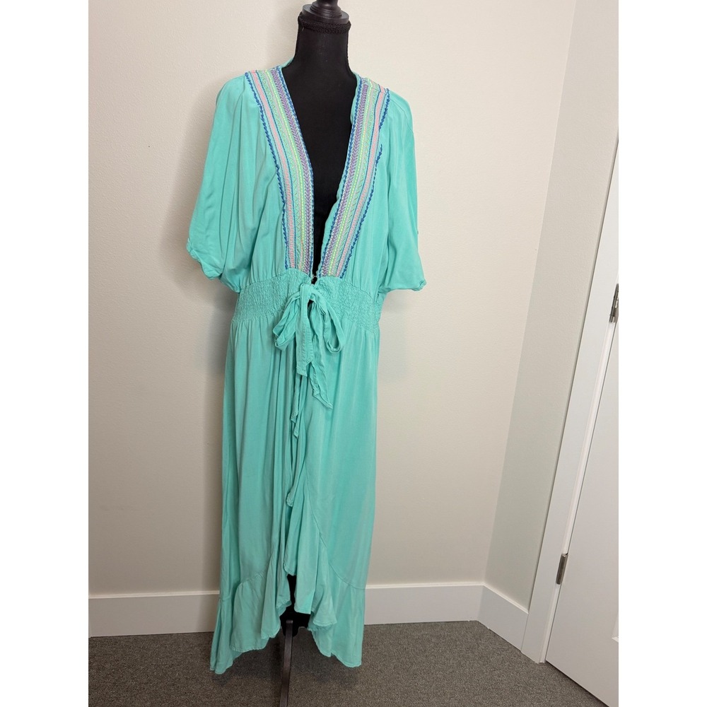 America & Beyond Turquoise Embroidered Boho Smocked High Low Maxi Dress XL